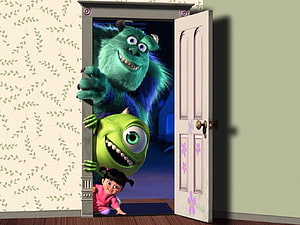 Monsters Inc Characters Peeking Through a Doorway in a Child's Bedroom HD wallpaper