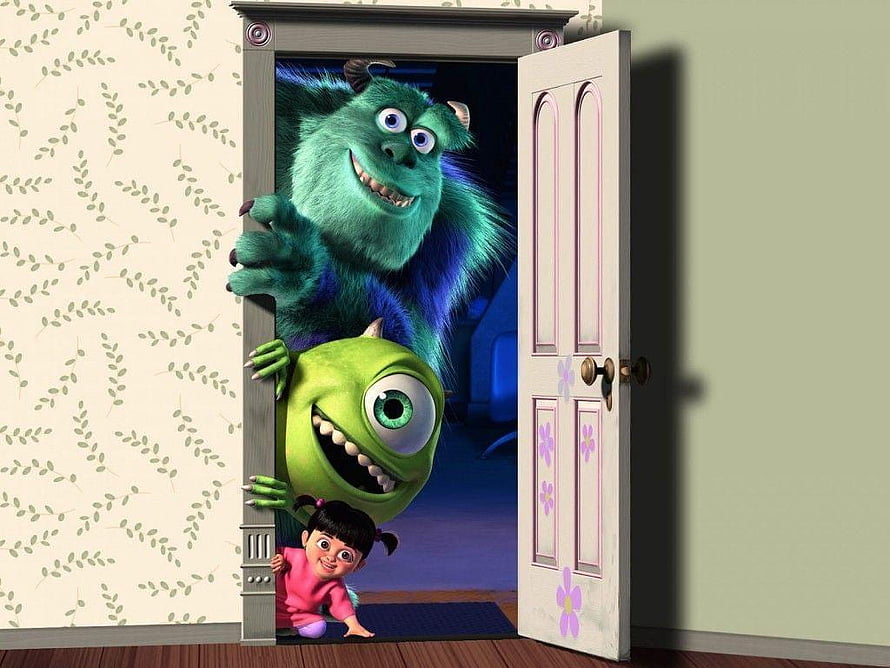 Monsters Inc Characters Peeking Through a Doorway in a Child's Bedroom HD wallpaper