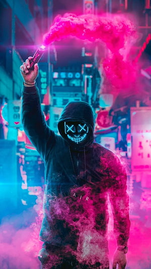 Hooded Figure with Glowing LED Mask Holding Pink Smoke Grenade in Neon City HD phone wallpaper