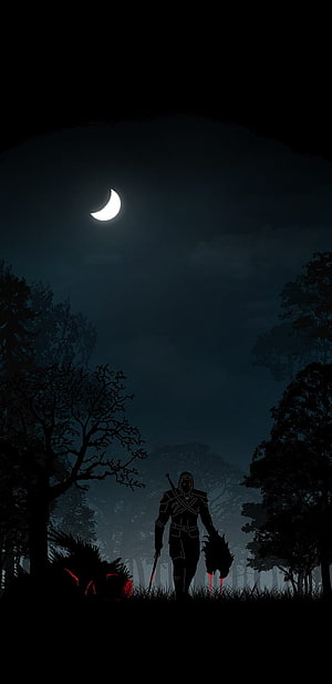 Geralt of Rivia Silhouette Walking Through Dark Forest Under Crescent Moon HD phone wallpaper