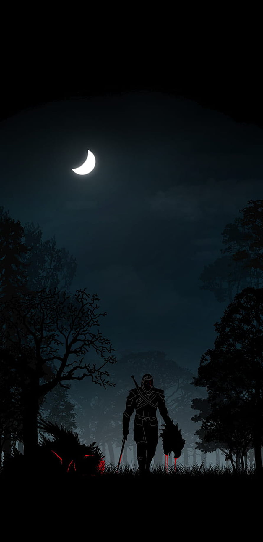 Geralt of Rivia Silhouette Walking Through Dark Forest Under Crescent Moon HD phone wallpaper