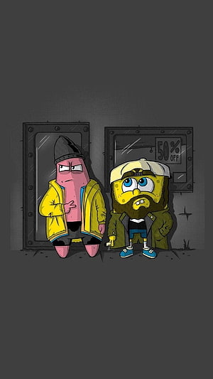 SpongeBob and Patrick Star in Streetwear Outfits Against Dark Urban Wall HD phone wallpaper