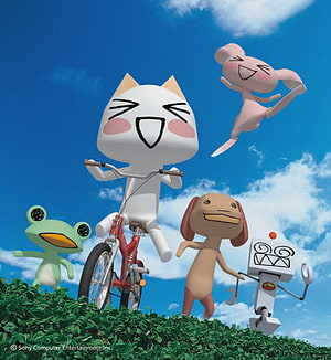 Toro Inoue Characters Riding Bikes and Jumping on a Green Hill Under a Blue Sky HD phone wallpaper