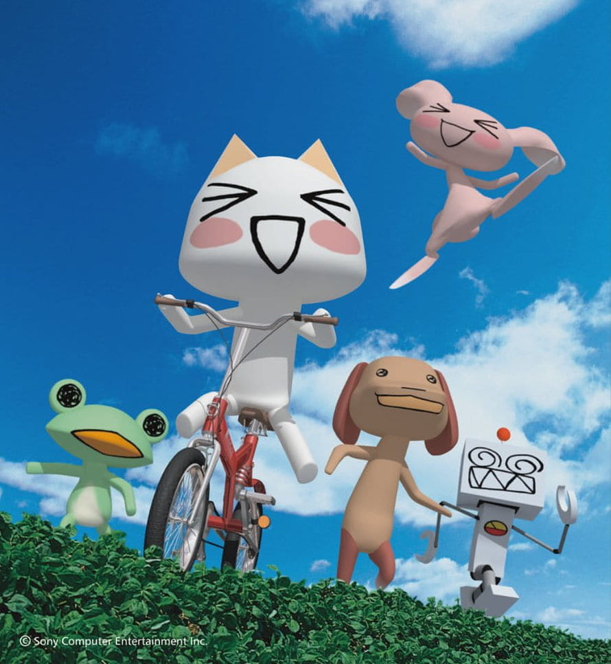 Toro Inoue Characters Riding Bikes and Jumping on a Green Hill Under a Blue Sky HD phone wallpaper