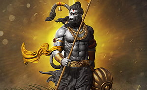 Rudra Hanuman Warrior Statue with Golden Staff and Ornate Armor HD wallpaper