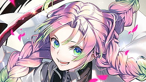 Mitsuri Kanroji from Demon Slayer with pink braided hair and green eyes in vibrant anime art HD wallpaper