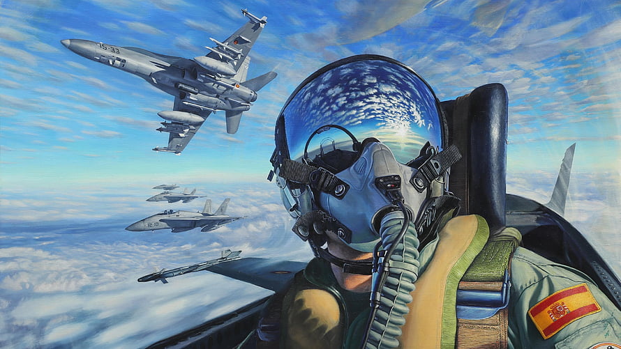Spanish Fighter Pilot in Cockpit with F-18 Hornet Formation Flying Above Clouds HD wallpaper