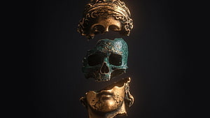 Apashe: Three Ancient Skull Fragments in Gold and Bronze on a Dark Background HD wallpaper