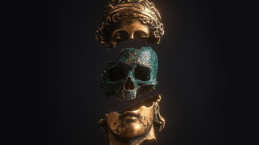 Apashe: Three Ancient Skull Fragments in Gold and Bronze on a Dark Background HD wallpaper