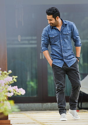 Jr. NTR Casual Denim Shirt and Dark Trousers Outdoor Portrait HD phone wallpaper