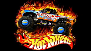 Hot Wheels Monster Truck with Flames and Fire on Black Background HD wallpaper