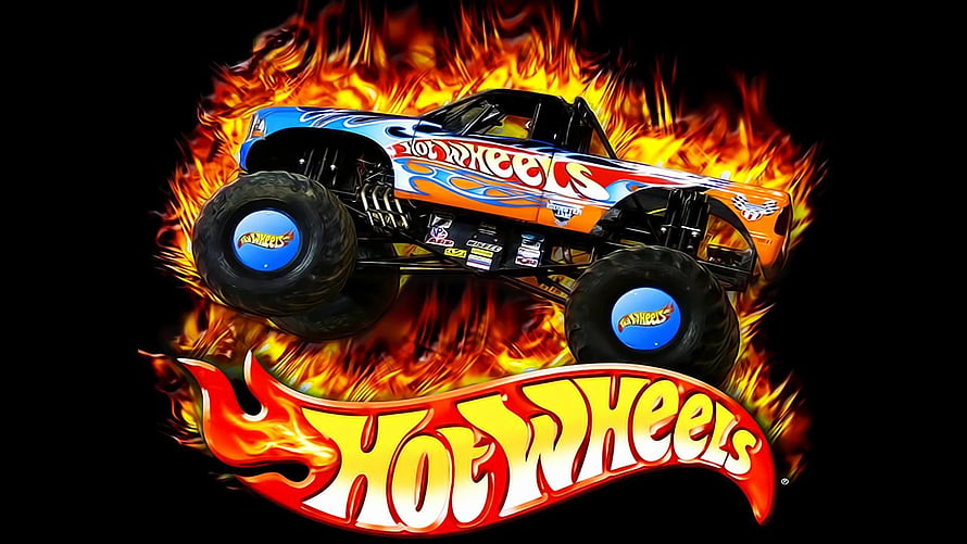 Hot Wheels Monster Truck with Flames and Fire on Black Background HD wallpaper