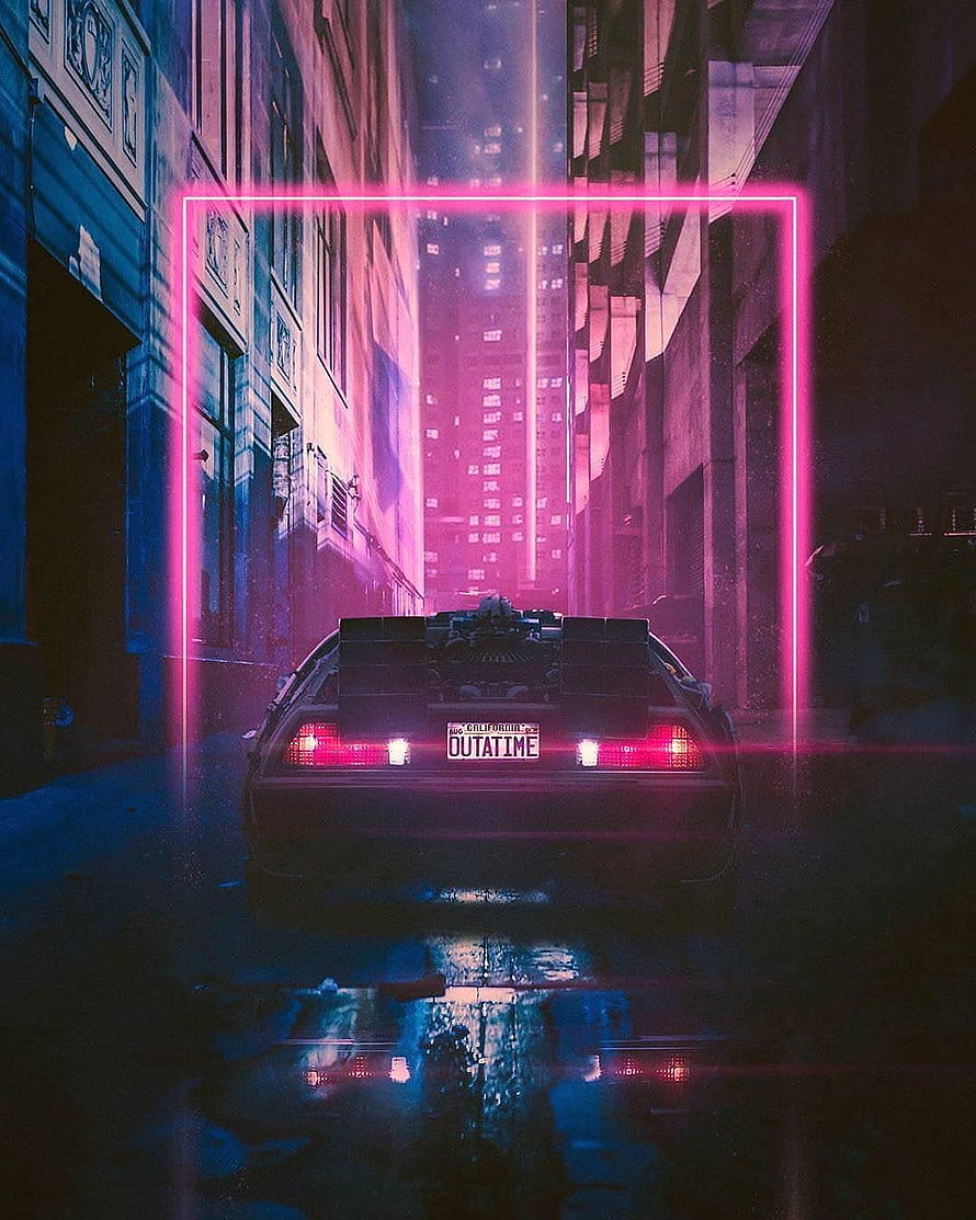 Retrofuturistic DeLorean in Neon-Lit Alleyway with Synthwave Aesthetic HD phone wallpaper