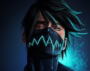 Dark Anime Boy Portrait with Glowing Cyan Mask and Neon Hair Highlights HD wallpaper