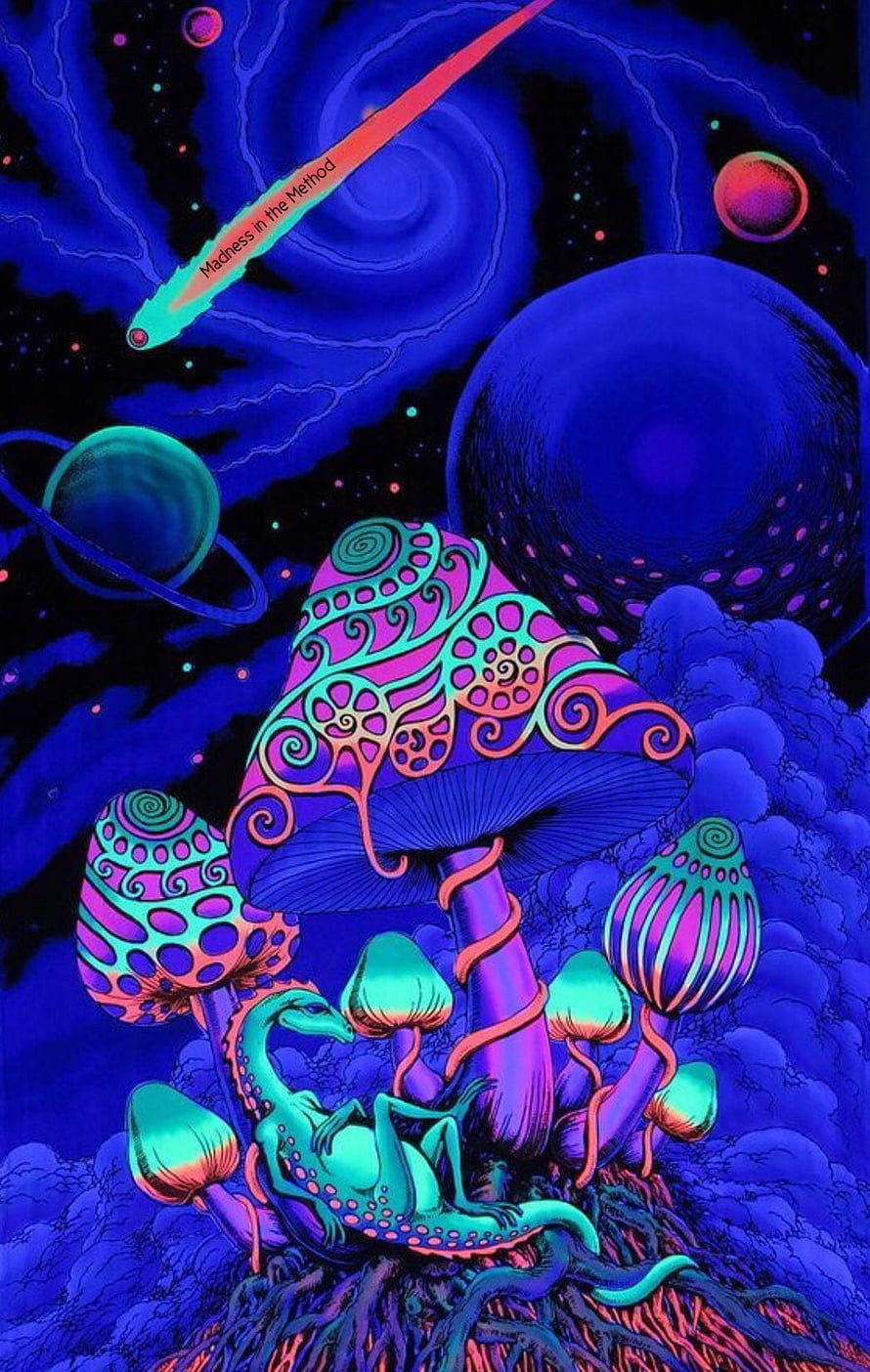 Psychedelic Cosmic Mushroom Landscape with Alien Creatures and Planets HD phone wallpaper