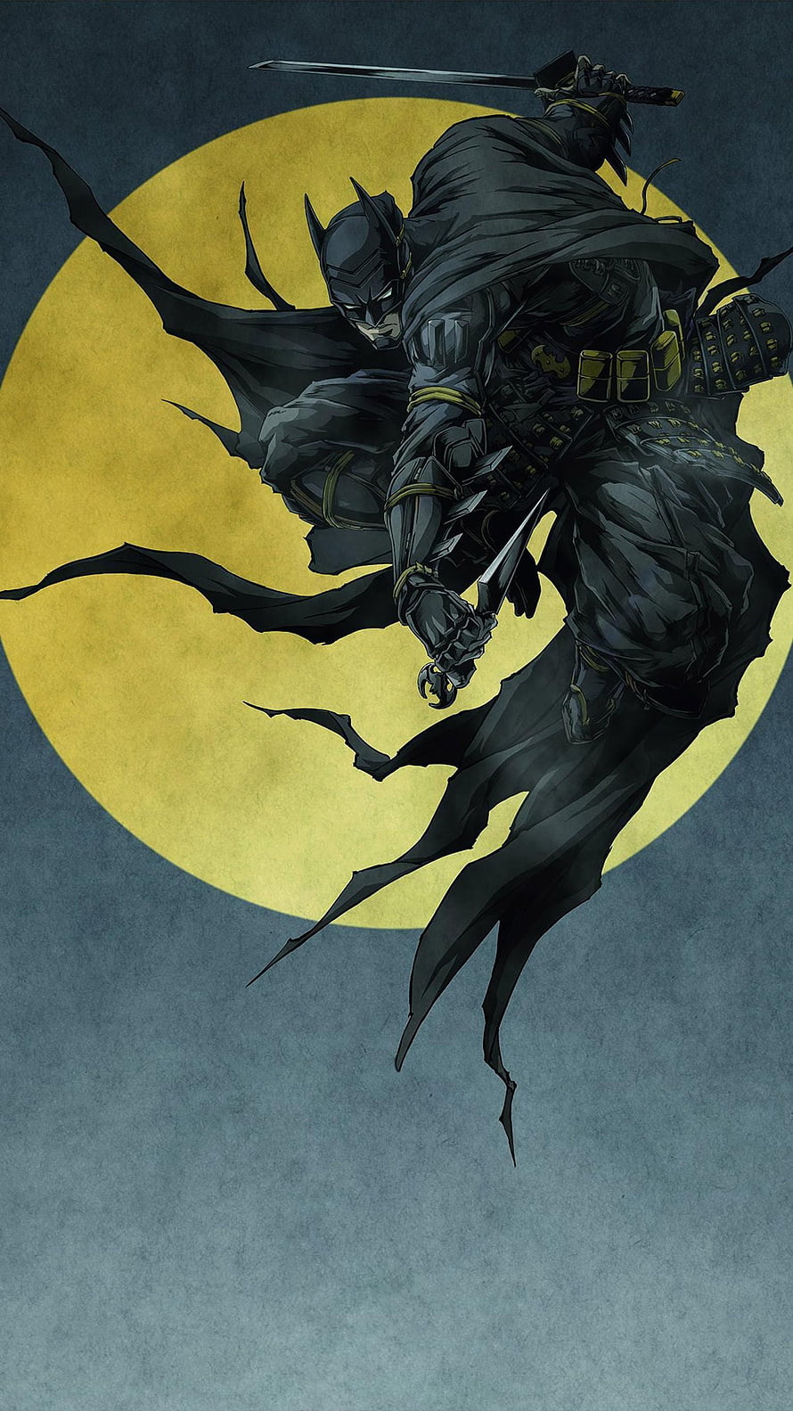 Batman Ninja Samurai Warrior Wielding Katana Against Golden Moon HD phone wallpaper