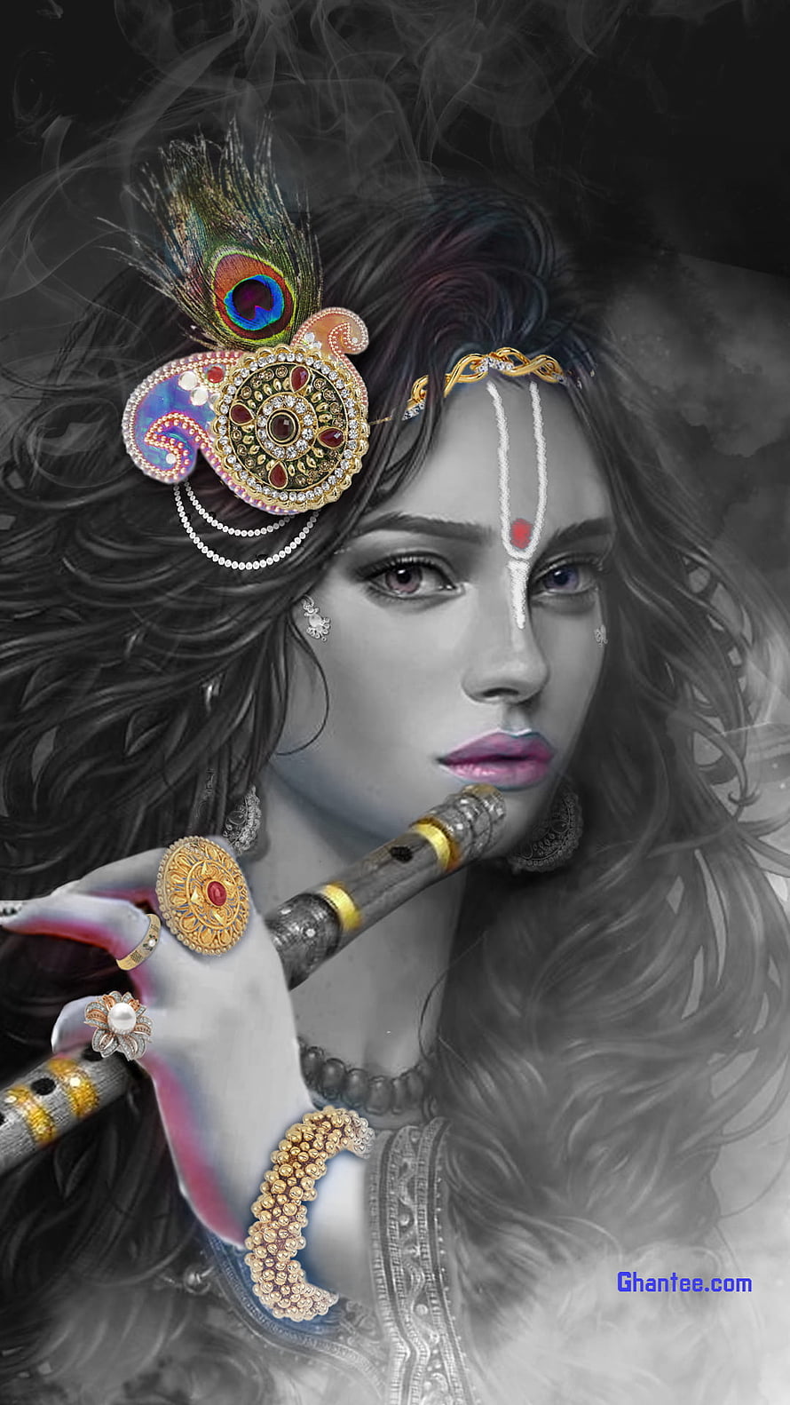 Stylized Portrait of Lord Krishna with Peacock Feather and Flute HD phone wallpaper