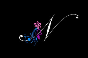 Elegant Letter N Monogram with Floral Swirls on Black Background HD wallpaper