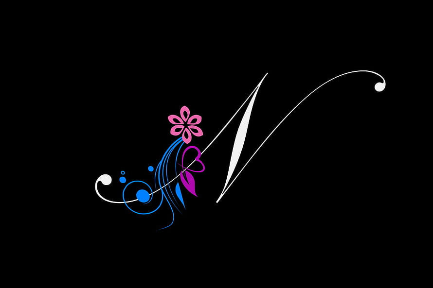 Elegant Letter N Monogram with Floral Swirls on Black Background HD wallpaper