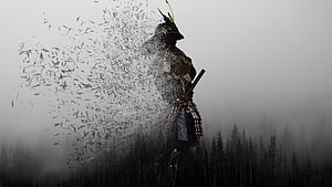Samurai warrior in traditional armor standing in misty forest with scattered leaves HD wallpaper
