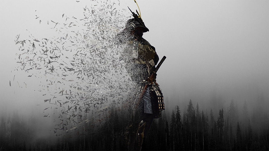 Samurai warrior in traditional armor standing in misty forest with scattered leaves HD wallpaper