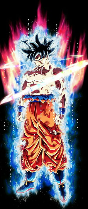 Goku Ultra Instinct Anime Character with Fiery Energy Aura and Spiky Black Hair HD phone wallpaper