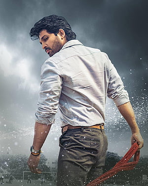 Allu Arjun in Ala Vaikunthapurramuloo holding a whip under a stormy sky HD phone wallpaper