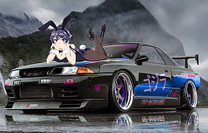 Anime bunny girl on a black Nissan Skyline R32 JDM drift car with mountain backdrop HD wallpaper