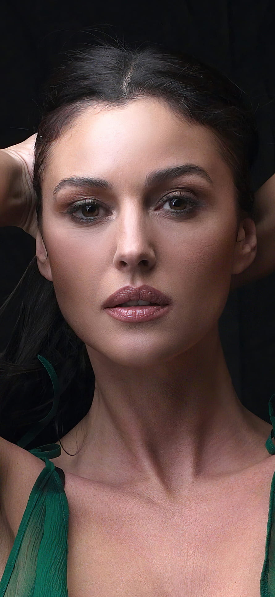 Monica Bellucci Portrait in Green Dress with Dark Background HD phone wallpaper