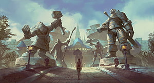 Stormwind City Gate Concept Art Featuring Giant Warrior Statues and Fantasy Architecture HD wallpaper