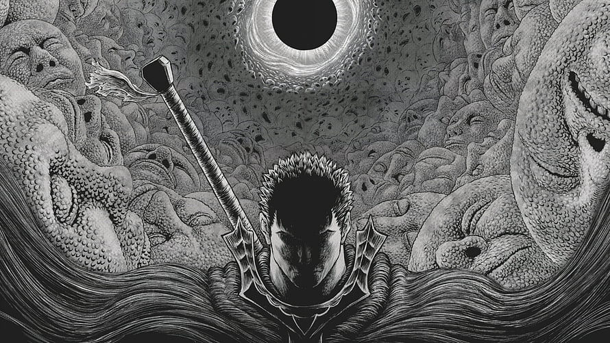 Berserk Manga Panel Featuring Guts in a Surreal Black and White Nightmare Landscape HD wallpaper