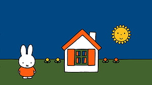 Miffy the Rabbit Standing in a Sunny Meadow with a Small House and Smiling Sun HD wallpaper