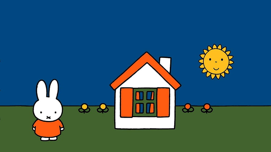 Miffy the Rabbit Standing in a Sunny Meadow with a Small House and Smiling Sun HD wallpaper