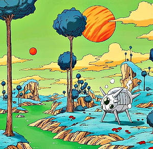 Dragon Ball Planet Namek Landscape with Namekian Creature and Alien Flora HD wallpaper