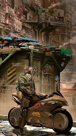 Cyberpunk Biker in Futuristic Urban Slum with Custom Motorcycle HD phone wallpaper