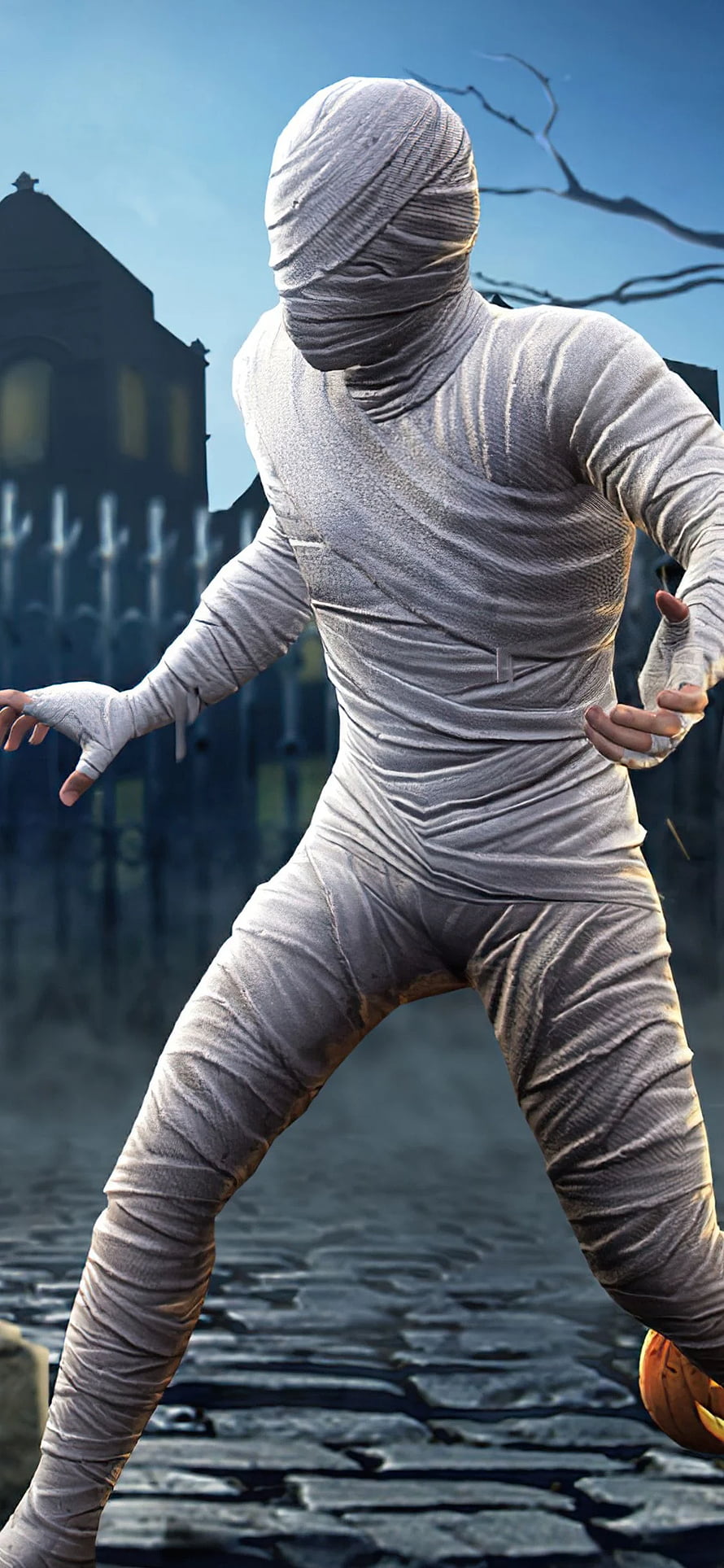 PUBG Mummy Character in White Bandages on Cobblestone Street HD phone wallpaper