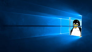 Tux the Linux Penguin Peering Through a Glowing Blue Windows Pane HD wallpaper