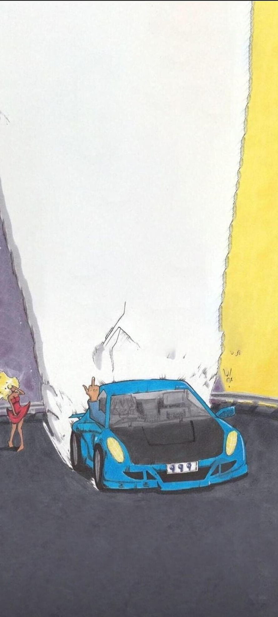 Hand-drawn illustration of a blue sports car on a road with a woman in a red dress HD phone wallpaper