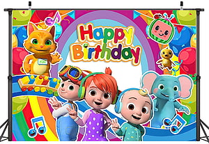 Cocomelon Happy Birthday Party Backdrop with JJ, YoYo, TomTom, Kiki, and Elephant HD wallpaper