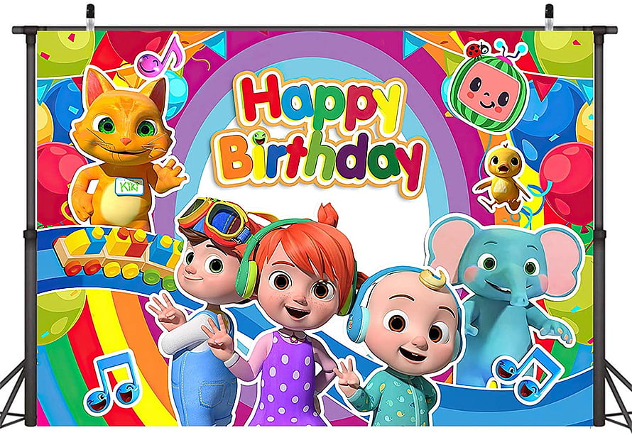 Cocomelon Happy Birthday Party Backdrop with JJ, YoYo, TomTom, Kiki, and Elephant HD wallpaper
