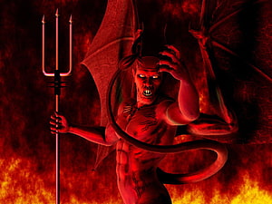 Lucifer Devil with Trident and Wings in Fiery Inferno HD wallpaper
