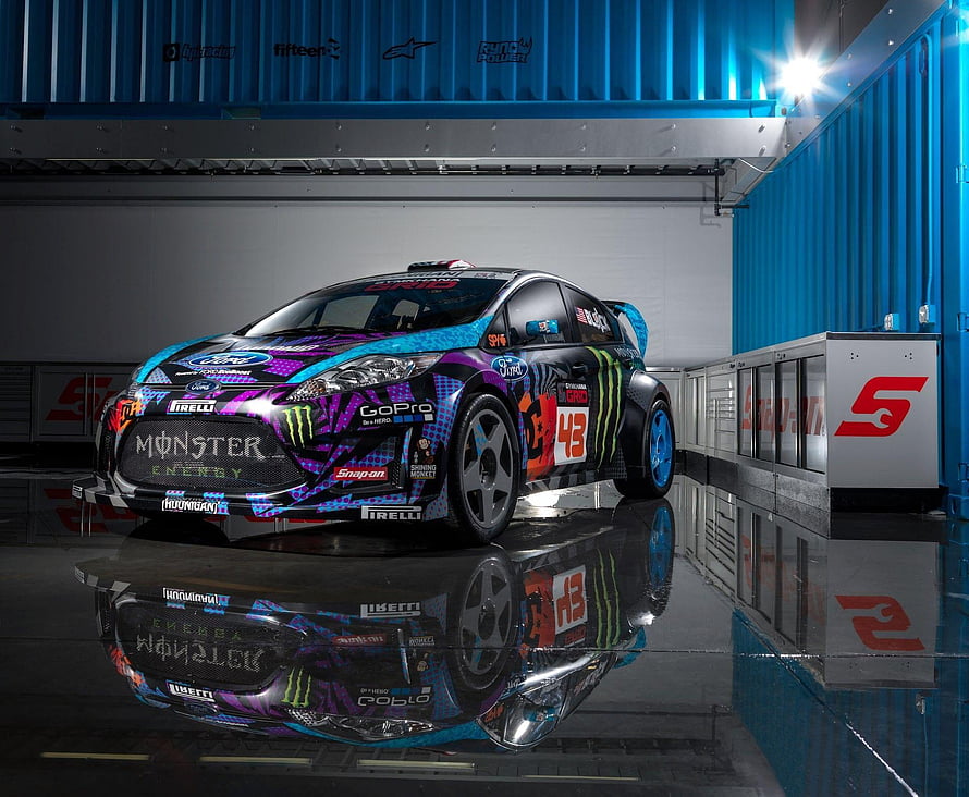 Ken Block Ford Fiesta WRC Rally Car with Monster Energy Livery in Garage HD wallpaper