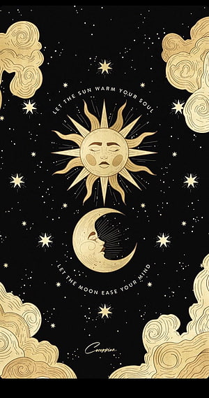 Celestial Sun and Moon Illustration with Golden Clouds and Starry Night Sky HD phone wallpaper