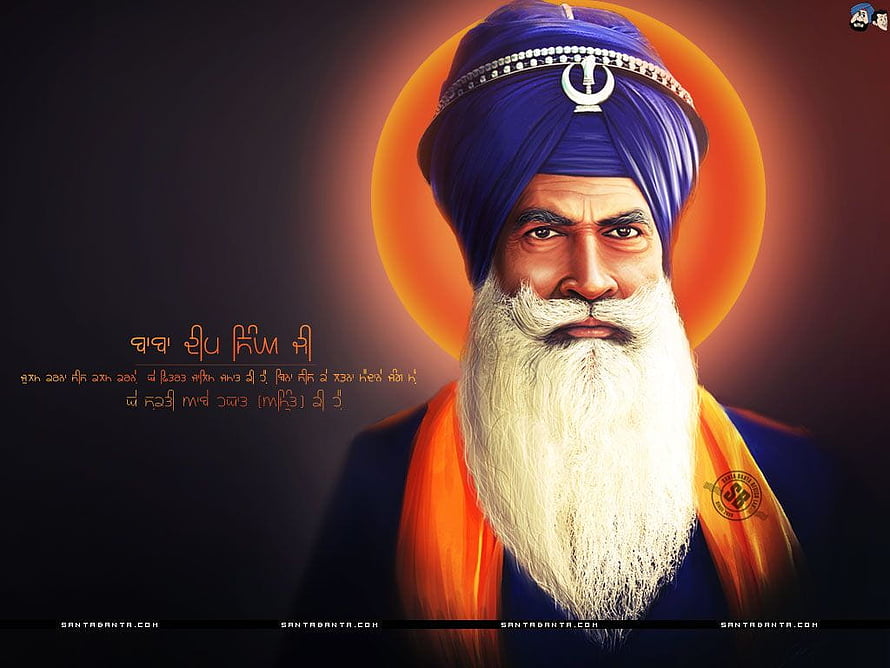 Baba Deep Singh Ji Portrait with Blue Turban and Khanda Emblem HD wallpaper