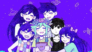 Omori Group Portrait with Mari and Friends in Vibrant Purple Space Setting HD wallpaper