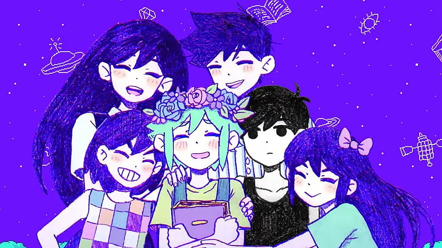 Omori Group Portrait with Mari and Friends in Vibrant Purple Space Setting HD wallpaper