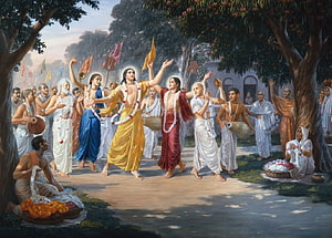 Caitanya Mahaprabhu and Nityananda Dancing in a Traditional Indian Gathering HD wallpaper