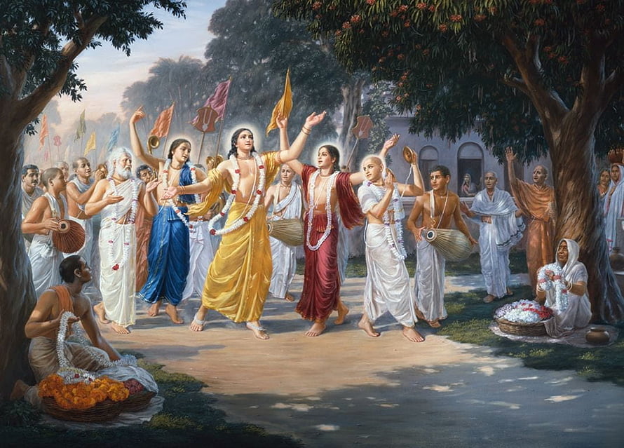 Caitanya Mahaprabhu and Nityananda Dancing in a Traditional Indian Gathering HD wallpaper