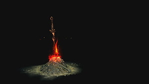 Dark Souls Bonfire with Sword Plunged into Burning Embers HD wallpaper
