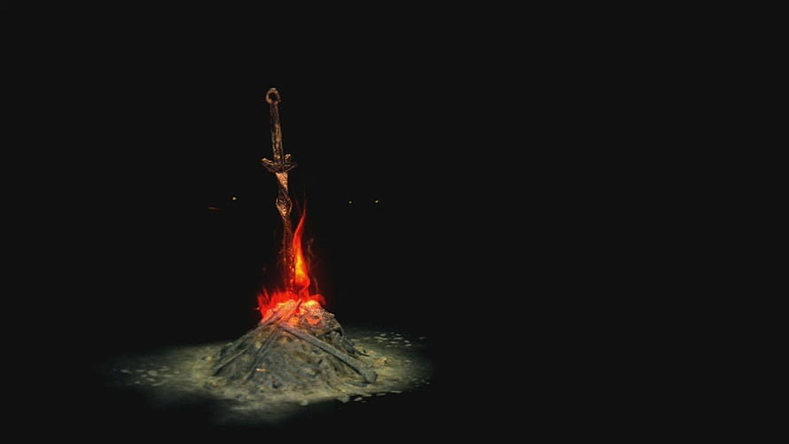 Dark Souls Bonfire with Sword Plunged into Burning Embers HD wallpaper